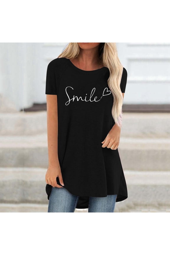 Womens T Shirts Short Sleeve Crewneck Typography Print T-Shirt Casual Everyday Trendy Top Black L