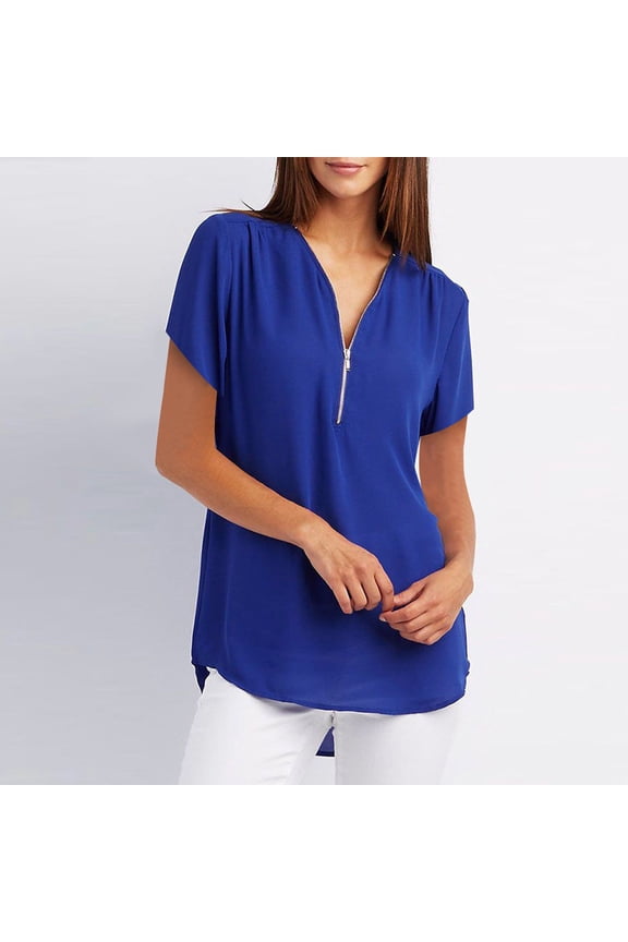 Womens T Shirts Short Sleeve Crewneck Zip Front Tee Summer Solid Color Casual Top Blue XXXL