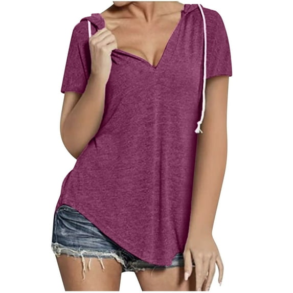 Womens T Shirts Short Sleeve Hoodies for Summer Casual Tees Loose Solid Color V-neck Workout Tshirt Hooded Tops