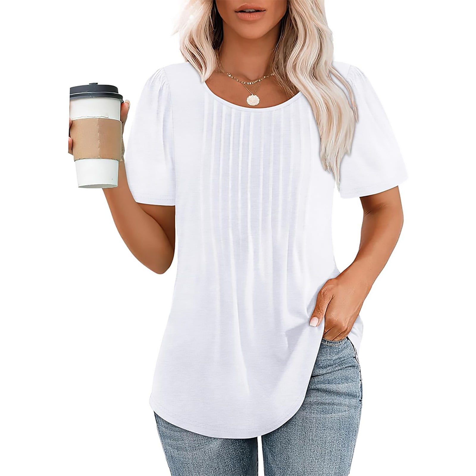Women's Pleated Front T-Shirt - Flowy Short Sleeve Blouse With Scooped Neck & Curved Hem Casual Tops