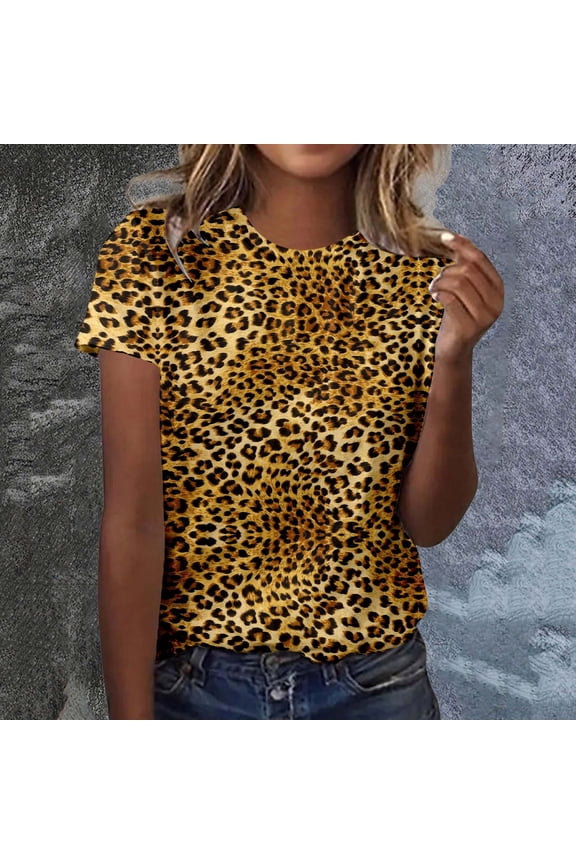 Womens T Shirts Short Sleeve Round Neck Leopard Graphic Tee Wild Print Modern Summer Top Coffee XXL
