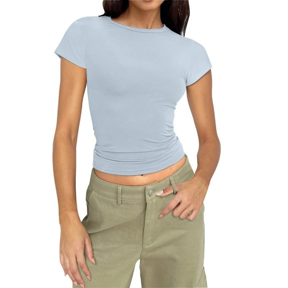 Womens T-Shirts Short Sleeve Solid Round Neck Stretchy Cropped Tops Lightweight Soft Comfy Slim Fit Workout Running Tees
