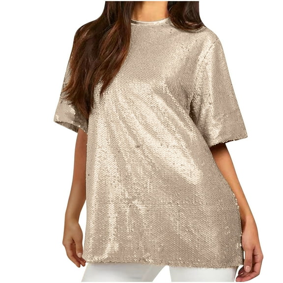 ZQUUVOU Womens T Shirts Short Sleeve Tops Able T-Shirt Solid Color Sequin Round Neck Top Gold