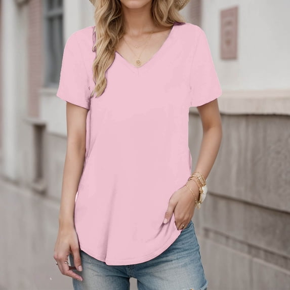 Womens T Shirts Short Sleeve V Neck Basic Tee Shirt Light Pink Spring Clothes Vacation Outfits