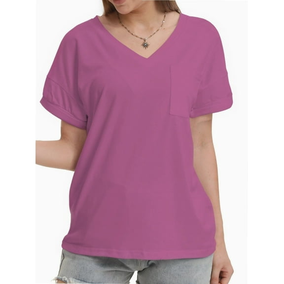 Women's Short Sleeve V-Neck T-Shirt with Pocket - Casual Summer Tops, Basic Tee