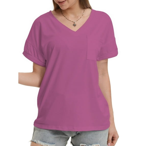 Womens T Shirts Short Sleeve V Neck Casual Summer Tops Tshirts with Pocket