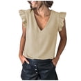 thumbnail image 1 of Womens T Shirts Short Sleeve V Neck Pullover Ruffled Edge Sleeve Solid Color Casual Top Khaki XXL, 1 of 6