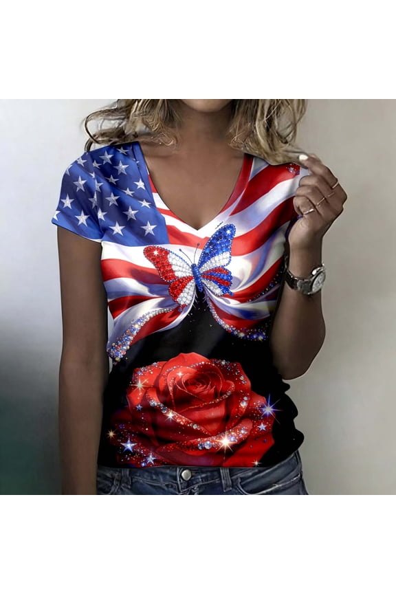 Womens T Shirts Short Sleeve V-Neck T-shirt Independence Day Sequin Eagle Print Summer Tee Blue XXL