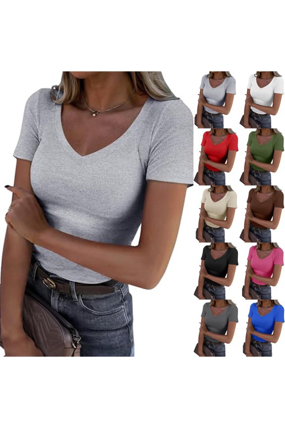 Womens T Shirts Short Sleeve V Neck Tees Basic Tshirts Ribbed Casual Top Dark Gray M