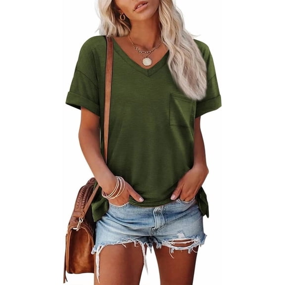 Womens T Shirts Short Sleeve V Neck Tops Pocket Tee Cute Fit Summer Trendy Soft Casual Tee Tops Comfy Clothes Basic T-Shirt