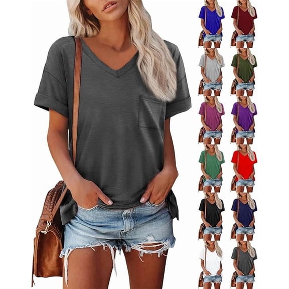 Womens T Shirts Short Sleeve V Neck Tops Pocket Tee Cute Fit Summer Trendy Soft Casual Tee Tops Comfy Clothes Basic T-Shirt