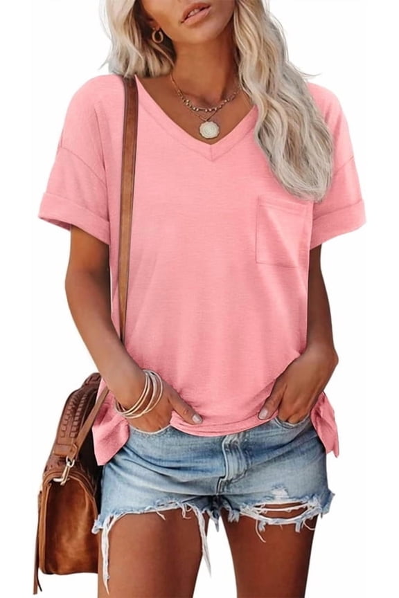 Womens T Shirts Short Sleeve V Neck Tops Pocket Tee Cute Fit Summer Trendy Soft Casual Tee Tops Comfy Clothes Basic T-Shirt