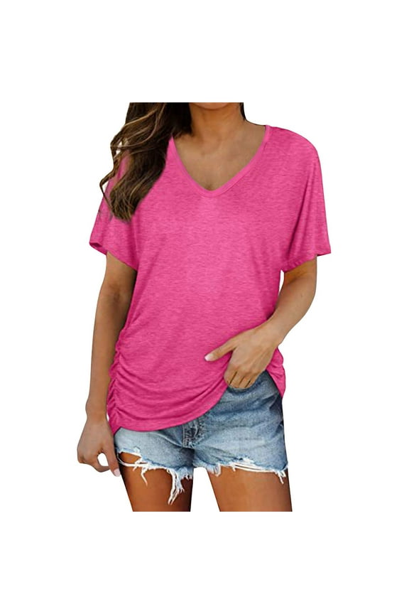 Womens T Shirts Short Sleeves V Neck Plain Color Soft Loose Fitting Summer T Shirts Tops for Women
