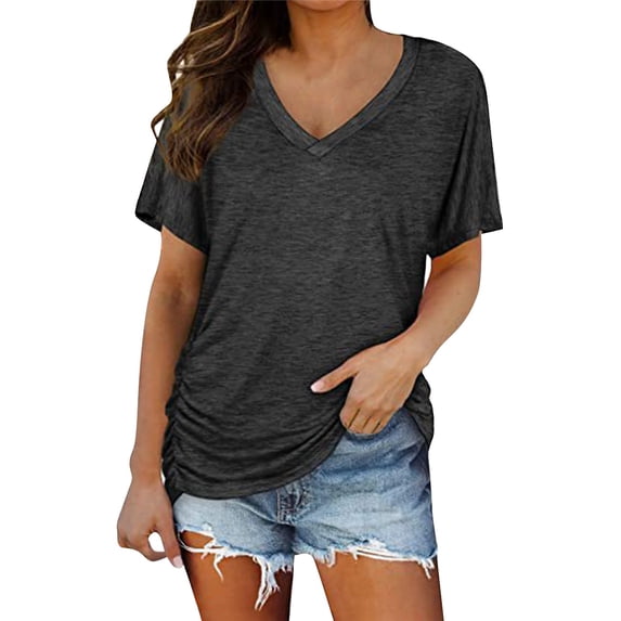 Womens T Shirts Short Sleeves V Neck Plain Color Soft Loose Fitting Summer T Shirts Tops for Women