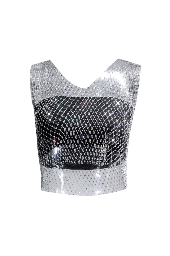 Womens T Shirts Sleeveless Rhinestone Mesh See Through Diamond Crop Sexy Top Silver M