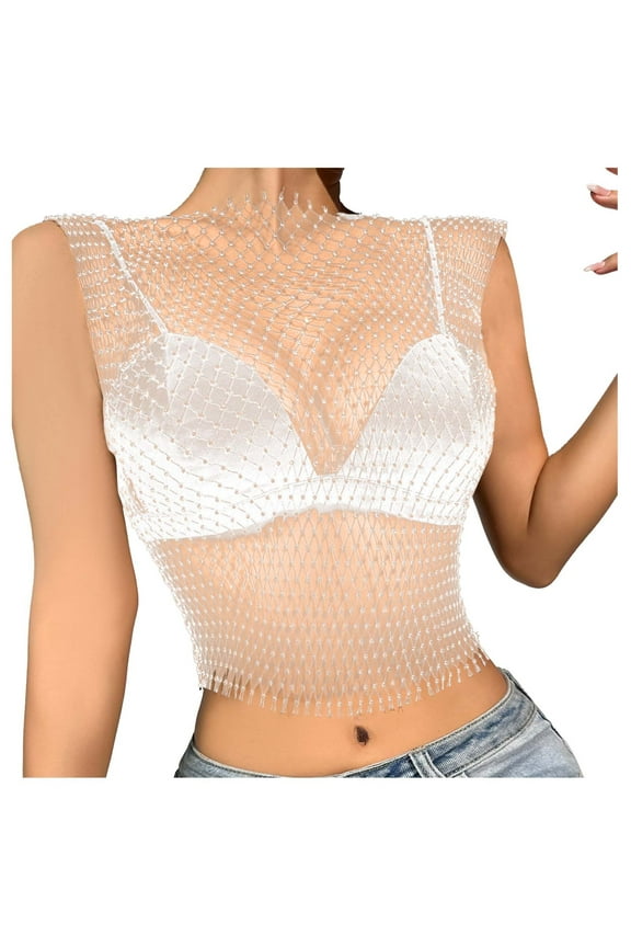 Womens T Shirts Sleeveless Rhinestone Mesh See Through Diamond Crop Sexy Top White M