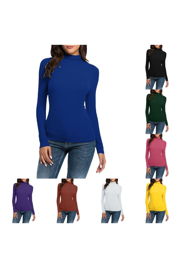 Womens T Shirts Slim Fit Turtleneck Long Sleeve Tops Solid Color Stretch Basic Pullover Layering Tees