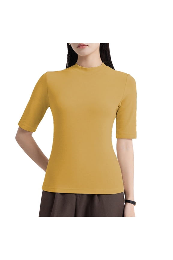 Womens T Shirts Slim Fit Solid Color Elbow-Length Sleeve Crew Neck Top Soft Tee Shirts Womens Yellow L