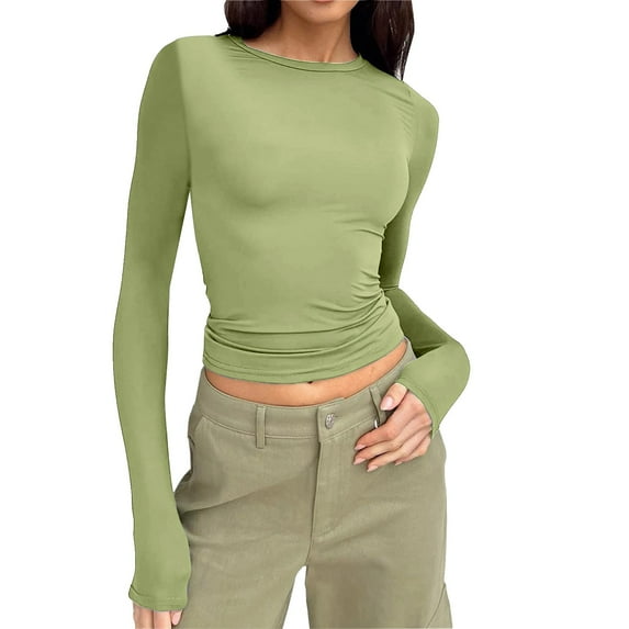 Womens T Shirts Slim Long Sleeve Round Neckline Crop Basic Solid Tight Slim Fit Cropped Workout Yoga Green T-Shirts Sizes L
