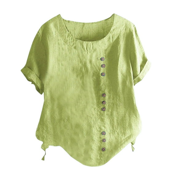 Womens T Shirts Solid Color Round Neck Raglan Sleeve Hem Slit Loose Short Sleeve Button Decoration Casual Shirt Mint Green Summer Shirts Tops L