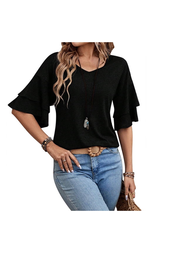 Womens T Shirts Solid Color V-Neck with Double Layer Flared Elbow-Length Sleeve Top Tees for Women Black S