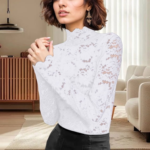 Womens T Shirts Solid Long Sleeve Crewneck Lace Sheer Mesh Blouse Top Womens Blouse White M