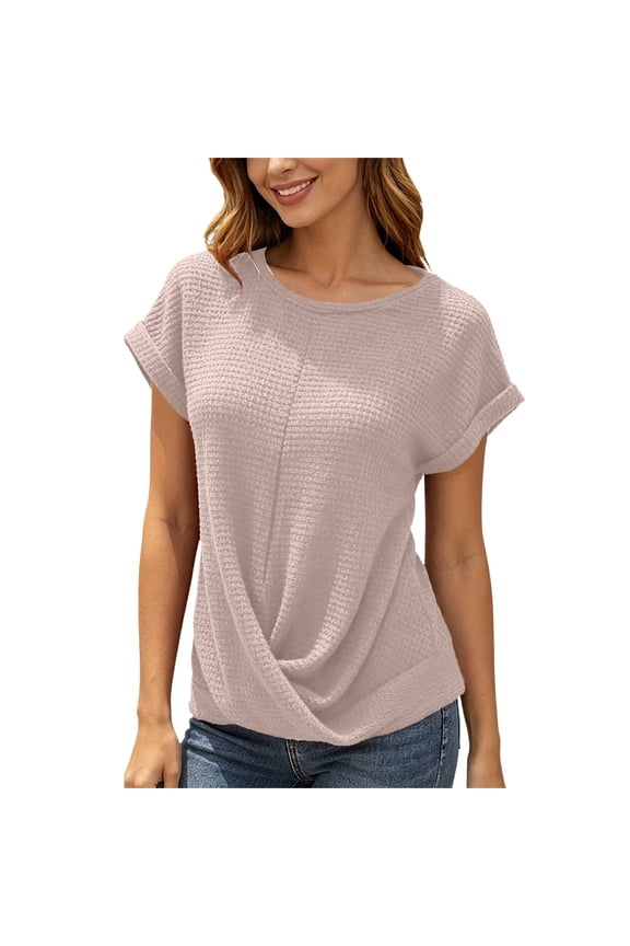 Womens T Shirts Solid Round Neck Short Sleeve Twisted Hem Elegant Casual Daily Top Womens Tees