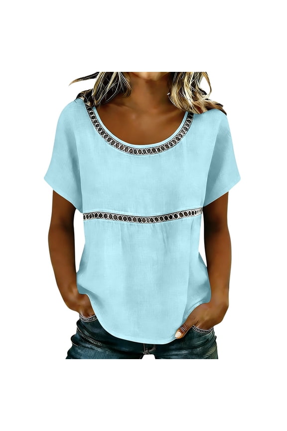 Womens T Shirts Solid Short Sleeve Crewneck Hollow Yoke Top Tees for Women Light Blue M