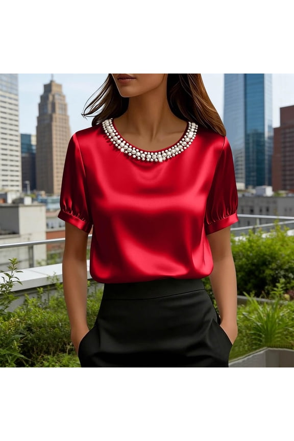 Womens T Shirts Solid Short Sleeve Crewneck Pearl Collar French Top Tees for Women Red L