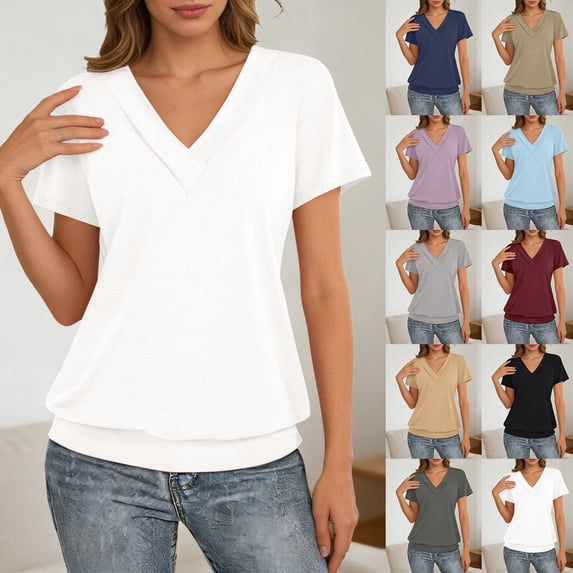 Womens T Shirts Solid V Neck Short Sleeve V Neck Soft Everyday Basic Tee for Ladies Light Blue S