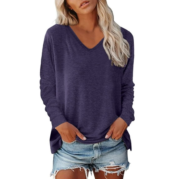 Womens T Shirts Spring Fall Trendy Solid Color Long Sleeved Sexy V-Neck Pullover Tee Tops Casual Regular Fit Workout Basic Tees