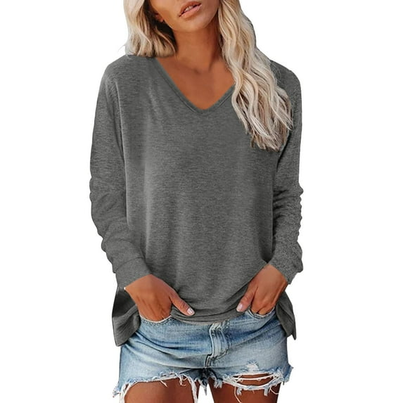 Womens T Shirts Spring Fall Trendy Solid Color Long Sleeved Sexy V-Neck Pullover Tee Tops Casual Regular Fit Workout Basic Tees