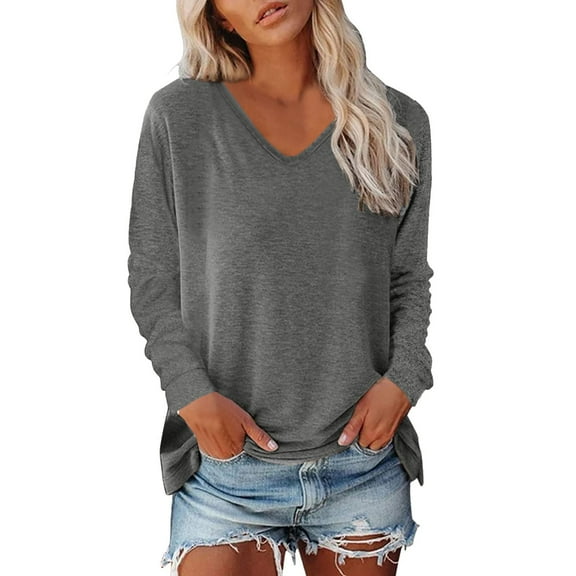Womens T Shirts Spring Fall Trendy Solid Color Long Sleeved Sexy V-Neck Pullover Tee Tops Casual Regular Fit Workout Basic Tees