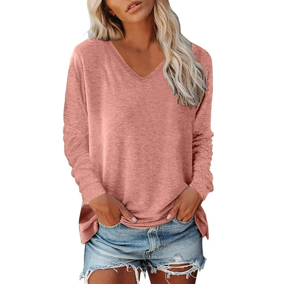 Womens T Shirts Spring Fall Trendy Solid Color Long Sleeved Sexy V-Neck Pullover Tee Tops Casual Regular Fit Workout Basic Tees