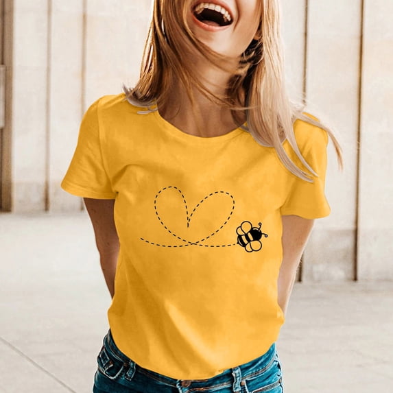 Womens T Shirts Spring Summer Bees Printed Short Sleeve Crew Neck T Shirt Basic Tees for Women Yellow L