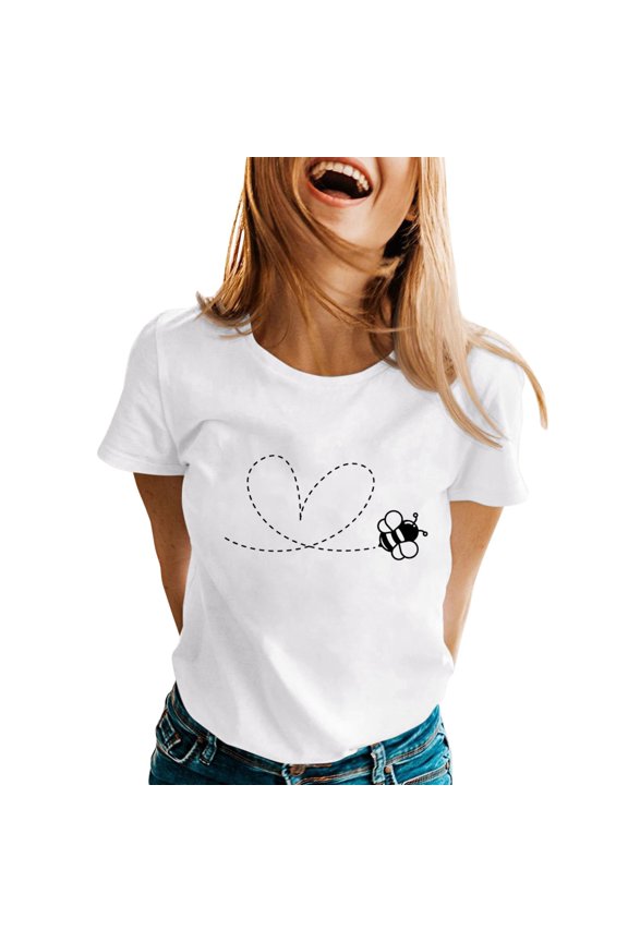 Womens T-Shirts Spring Summer Cute Bee Graphic Short Sleeved Round Neck Tops Trendy Casual Stretchy Relaxed Fit Tees