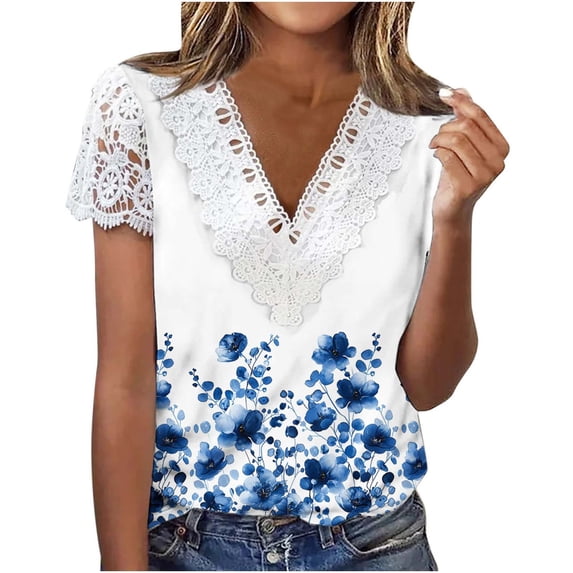 Cloaraye Womens T Shirts Springs Summer Fall Tops Fashion Floral Print V Neck Lace Short Sleeve Shirts Beach Vacation Clothes
