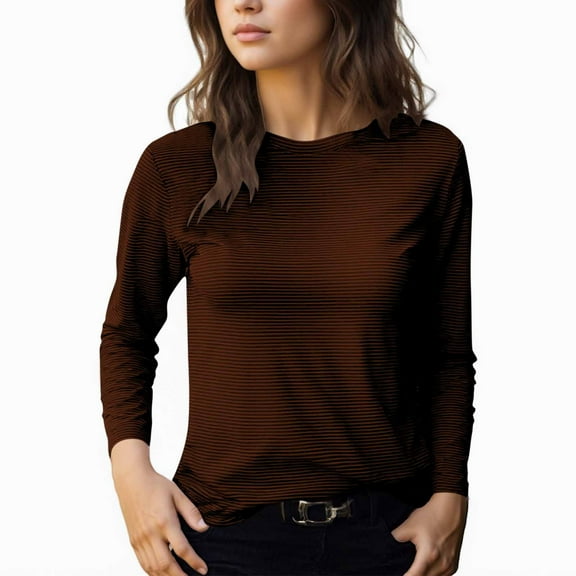 Womens T Shirts Striped Print Long Sleeve Crew Neck Blouses Comfortable Casual Tops Soft Breathable Relaxed Fit Basic Tee