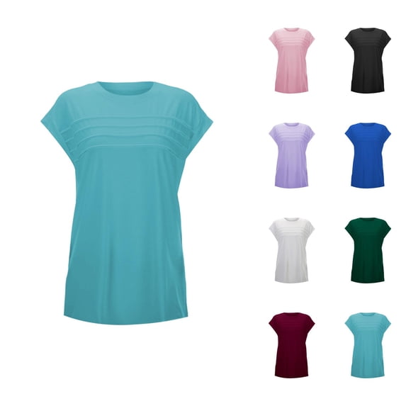 Womens T Shirts Summer Tops 2025 Cap Sleeve Crewneck Pleated Front Loose Fit Casual Tees Tshirts Shirts for Women