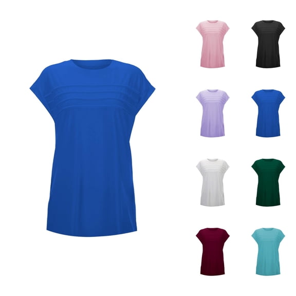 Womens T Shirts Summer Tops 2025 Cap Sleeve Crewneck Pleated Front Loose Fit Casual Tees Tshirts Shirts for Women