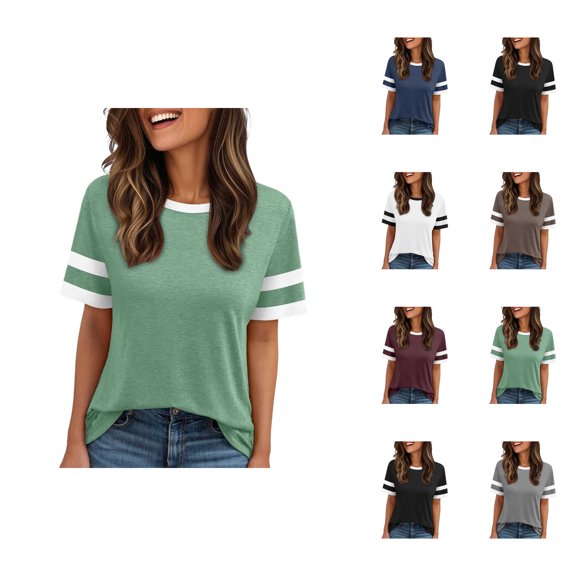 Womens T Shirts Summer Tops 2025 Color Block Short Sleeve Crewneck Loose Stylish Basic Tees Tshirts Shirts for Women