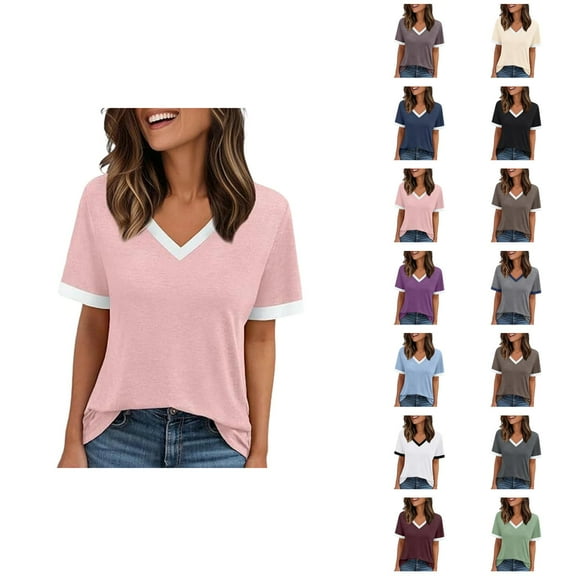 Womens T Shirts Summer Tops 2025 Color Block Short Sleeve V-Neck Casual Stylish Basic Tees Tshirts Shirts for Women
