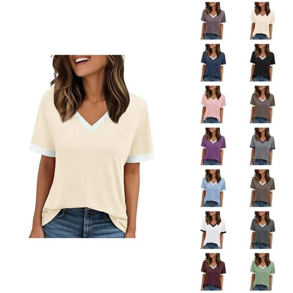 Womens T Shirts Summer Tops 2025 Color Block Short Sleeve V-Neck Casual Stylish Basic Tees Tshirts Shirts for Women
