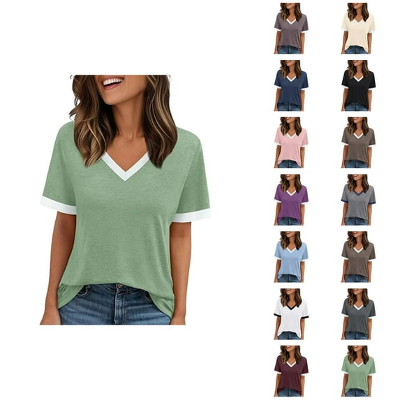 Womens T Shirts Summer Tops 2025 Color Block Short Sleeve V-Neck Casual Stylish Basic Tees Tshirts Shirts for Women