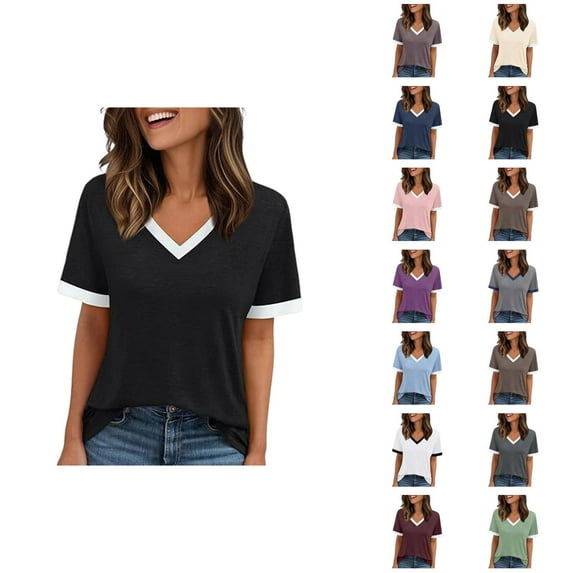 Womens T Shirts Summer Tops 2025 Color Block Short Sleeve V-Neck Casual Stylish Basic Tees Tshirts Shirts for Women
