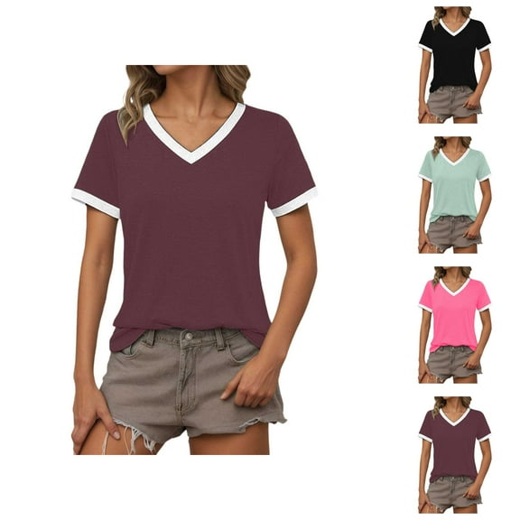 Womens T Shirts Summer Tops 2025 Color Block Short Sleeve V-Neck Loose Causal Stylish Tees Tshirts Shirts for Women