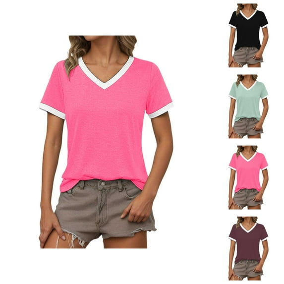 Womens T Shirts Summer Tops 2025 Color Block Short Sleeve V-Neck Loose Causal Stylish Tees Tshirts Shirts for Women