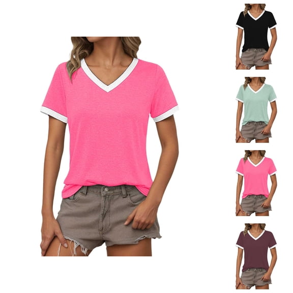 Womens T Shirts Summer Tops 2025 Color Block Short Sleeve V-Neck Loose Causal Stylish Tees Tshirts Shirts for Women