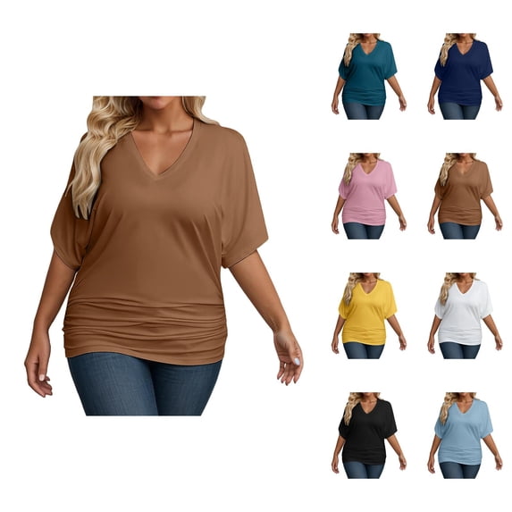 Womens T Shirts Summer Tops 2025 Plus Size Short Sleeve V-Neck Loose Fit Stretchy Basic Tees Tshirts Shirts for Women