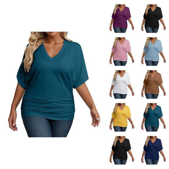 Womens T Shirts Summer Tops 2025 Plus Size Short Sleeve V-Neck Loose Fit Stretchy Basic Tees Tshirts Shirts for Women